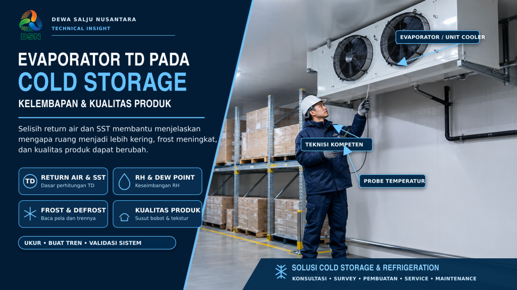 Teknisi mengukur evaporator TD pada cold storage modern untuk mengevaluasi kelembapan dan kualitas produk