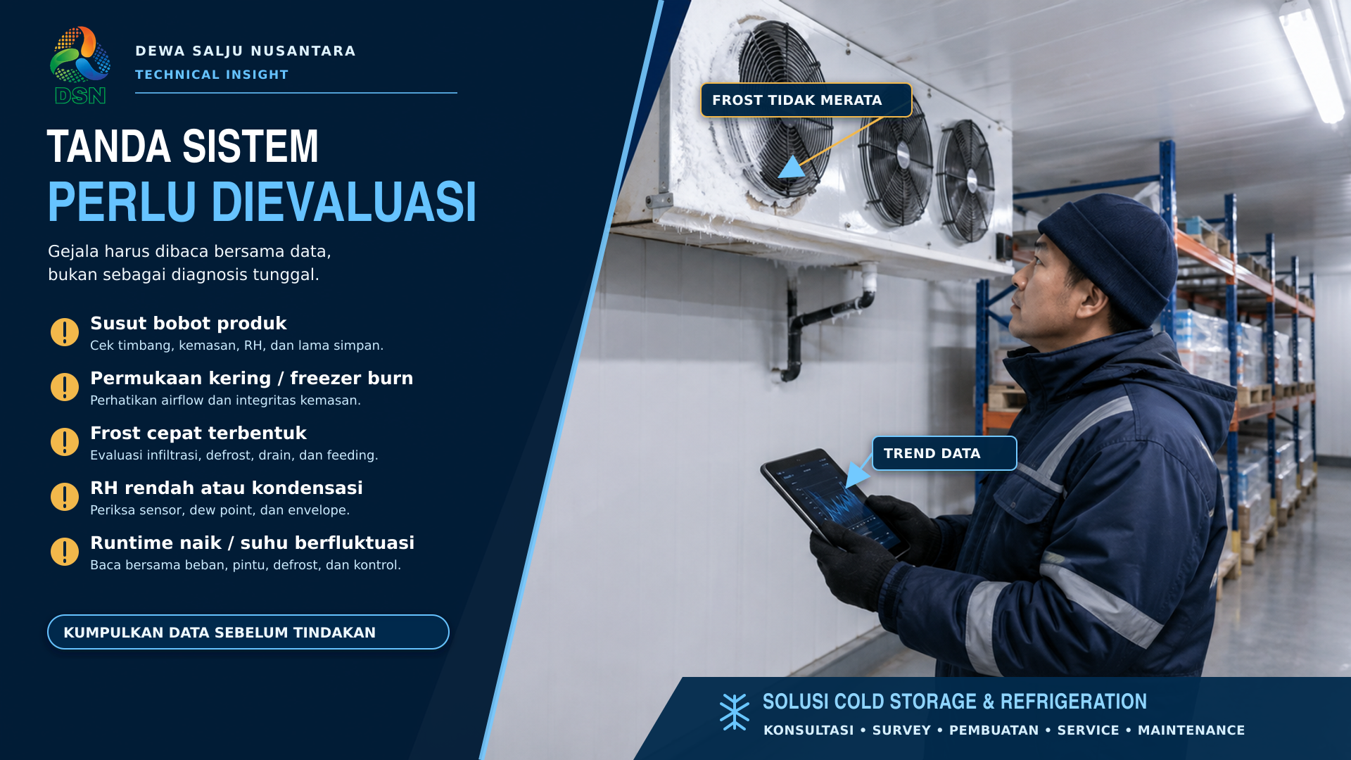 
Teknisi mengukur evaporator TD pada cold storage modern untuk mengevaluasi kelembapan dan kualitas produk

