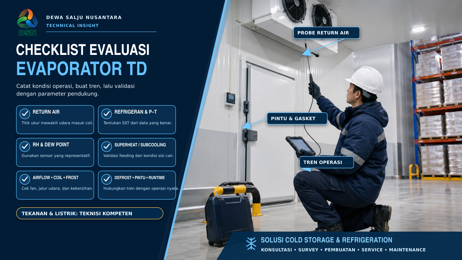
Teknisi mengukur evaporator TD pada cold storage modern untuk mengevaluasi kelembapan dan kualitas produk

