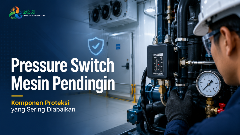 Teknisi memeriksa pressure switch mesin pendingin dan tekanan refrigeran pada unit cold storage