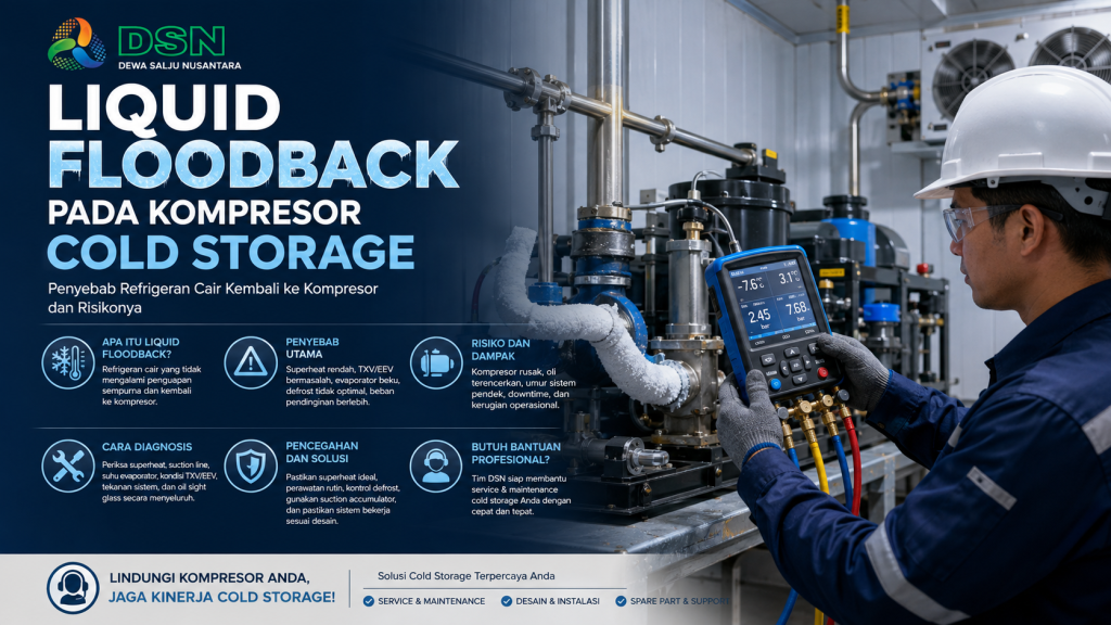 Teknisi memeriksa liquid floodback pada kompresor cold storage dan sistem refrigerasi