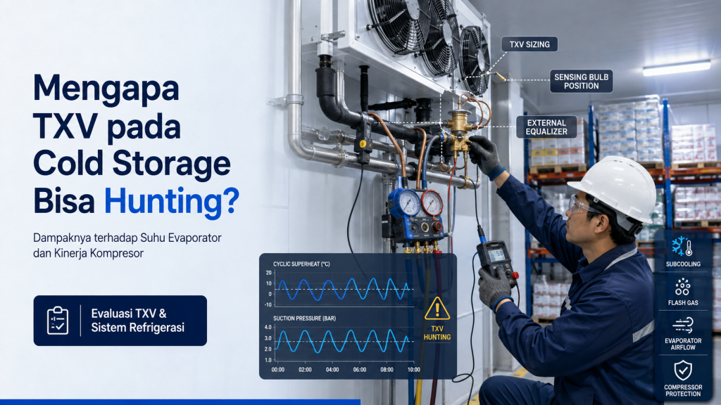 Teknisi memeriksa TXV hunting pada cold storage dengan probe suhu dan pressure gauge di evaporator