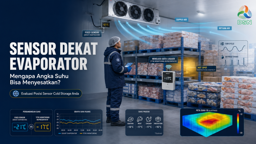 Teknisi mengevaluasi sensor suhu cold storage di dekat evaporator dan aliran udara ruang pendingin
