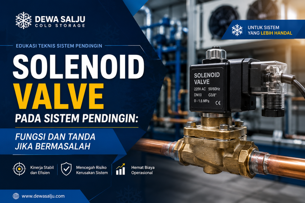 Solenoid valve pada sistem pendingin cold storage diperiksa teknisi pada jalur refrigeran menuju evaporator