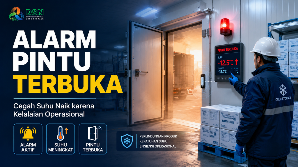 Alarm pintu terbuka cold storage aktif saat pintu freezer room terbuka dan suhu mulai naik