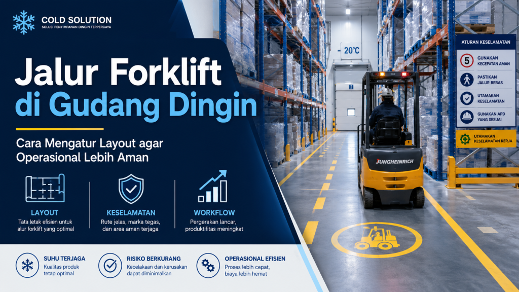 jalur forklift gudang dingin dengan marka keselamatan dan rak pallet
