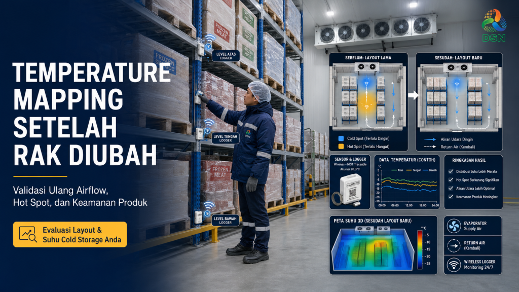 Teknisi mengevaluasi temperature mapping cold storage setelah perubahan posisi rak dan jalur airflow evaporator