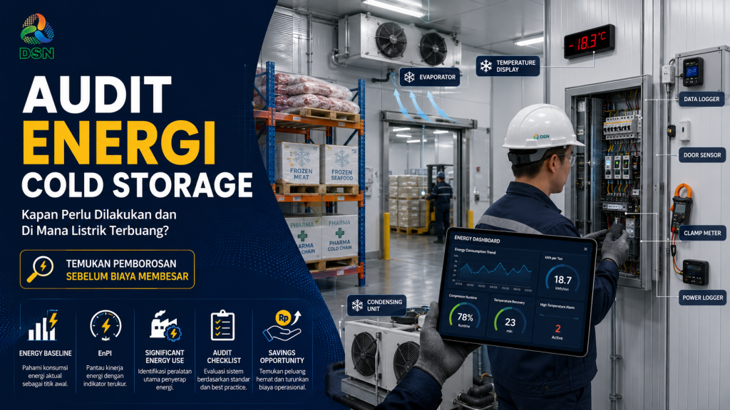 Teknisi melakukan audit energi cold storage dengan memeriksa panel kontrol dan data konsumsi listrik.