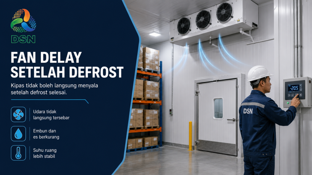 Teknisi memeriksa fan delay setelah defrost pada evaporator cold storage