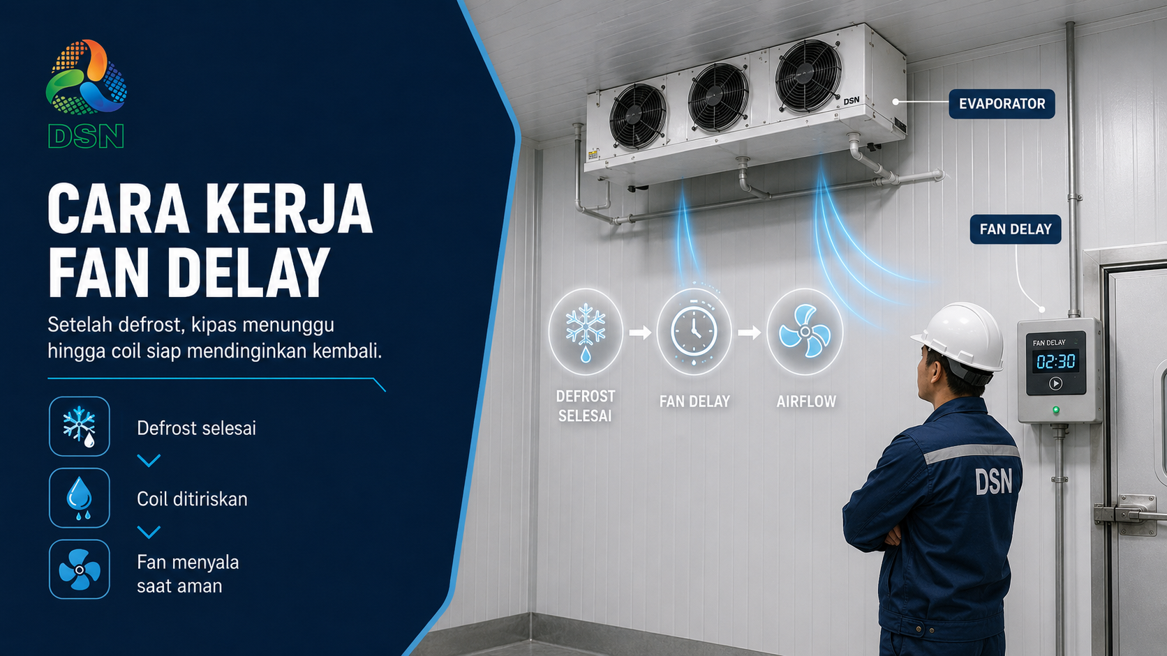 Teknisi memeriksa fan delay setelah defrost pada evaporator cold storage