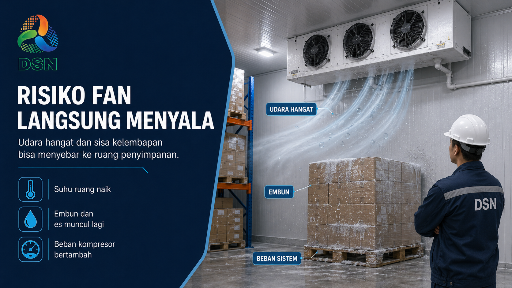 Teknisi memeriksa fan delay setelah defrost pada evaporator cold storage