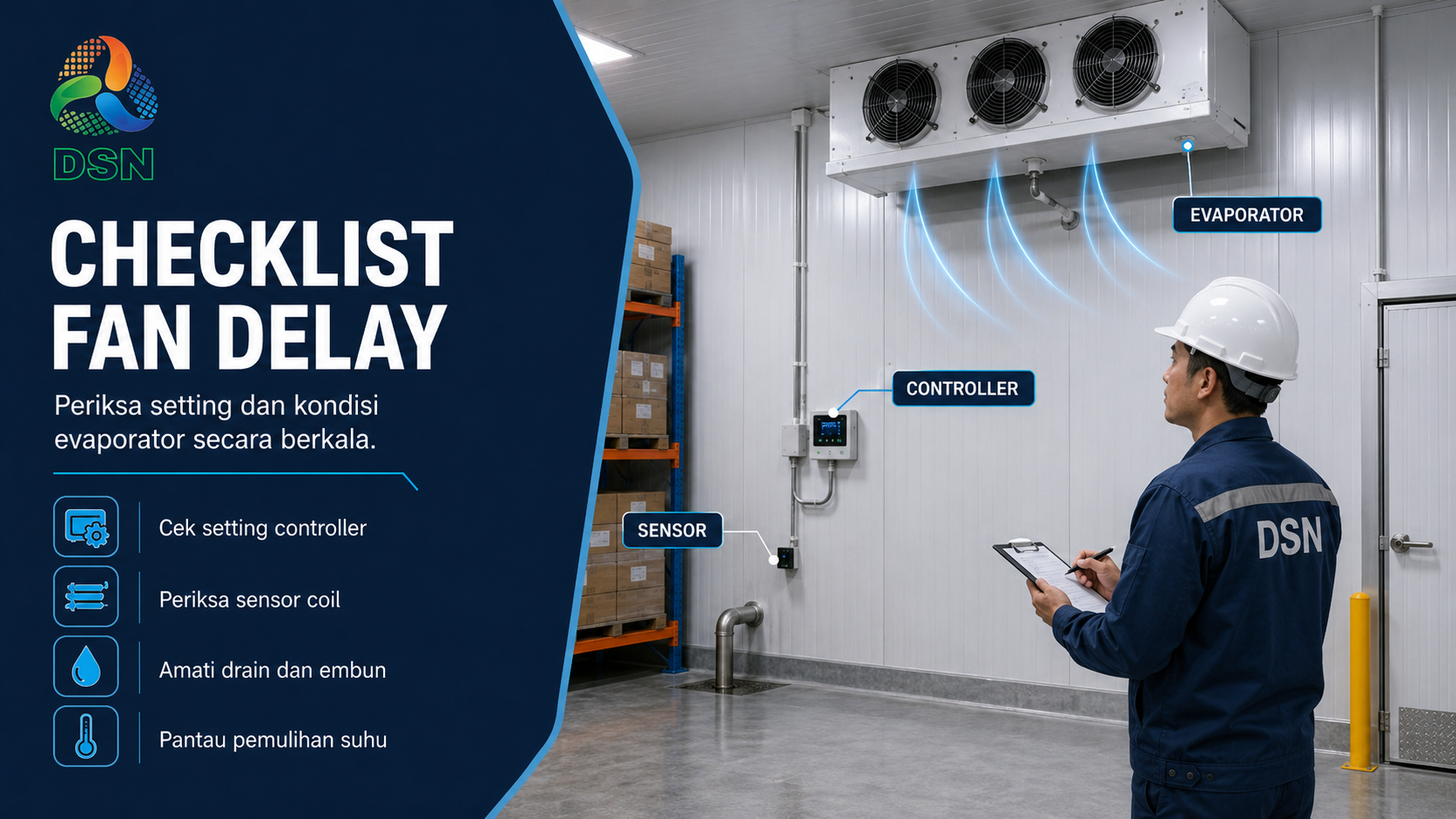 Teknisi memeriksa fan delay setelah defrost pada evaporator cold storage