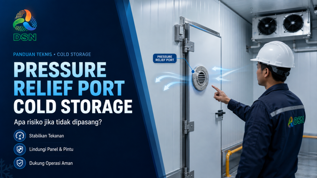 Teknisi memeriksa pressure relief port cold storage pada panel freezer room