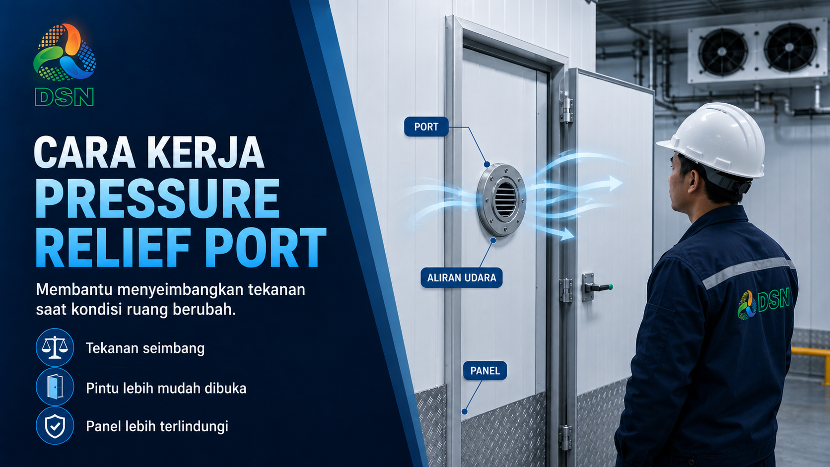 Teknisi memeriksa pressure relief port cold storage pada panel freezer room