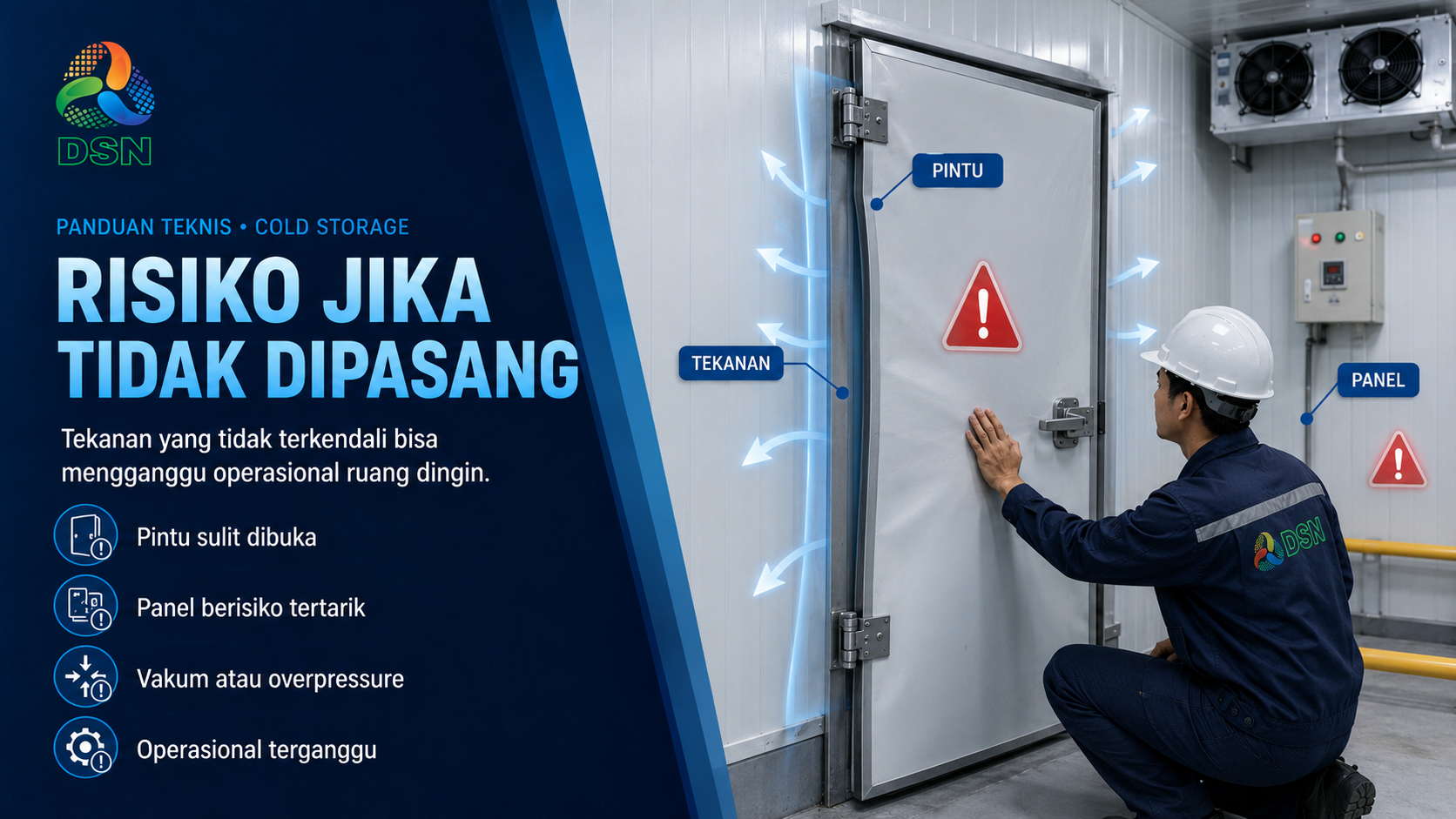 Teknisi memeriksa pressure relief port cold storage pada panel freezer room