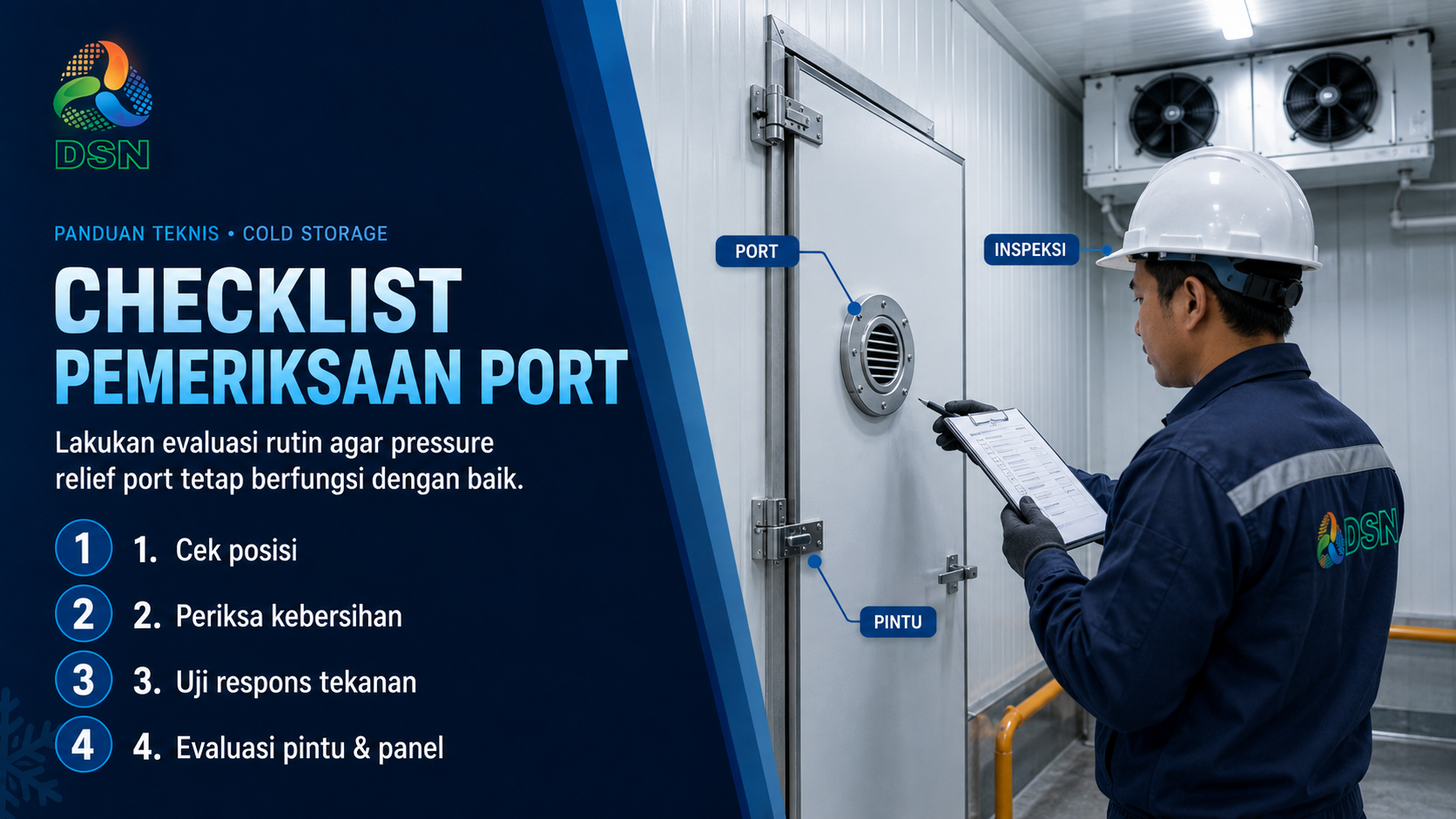 Teknisi memeriksa pressure relief port cold storage pada panel freezer room