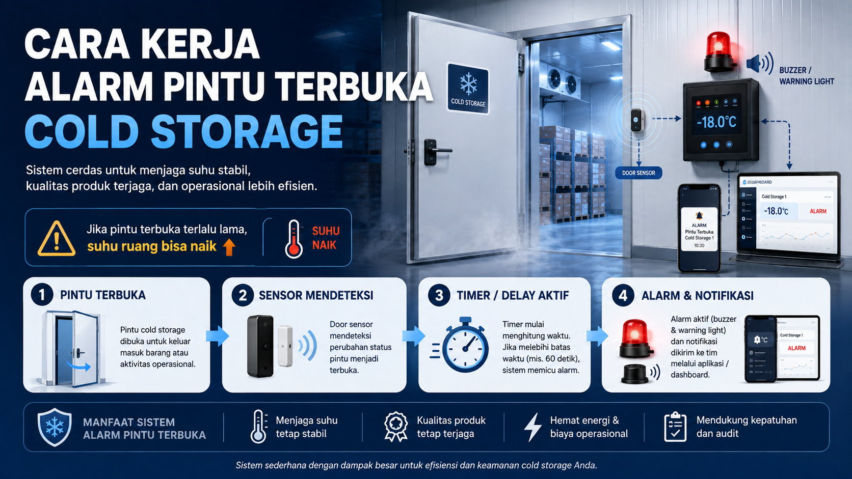 Cara kerja alarm pintu terbuka cold storage dengan sensor pintu, timer, buzzer dan notifikasi