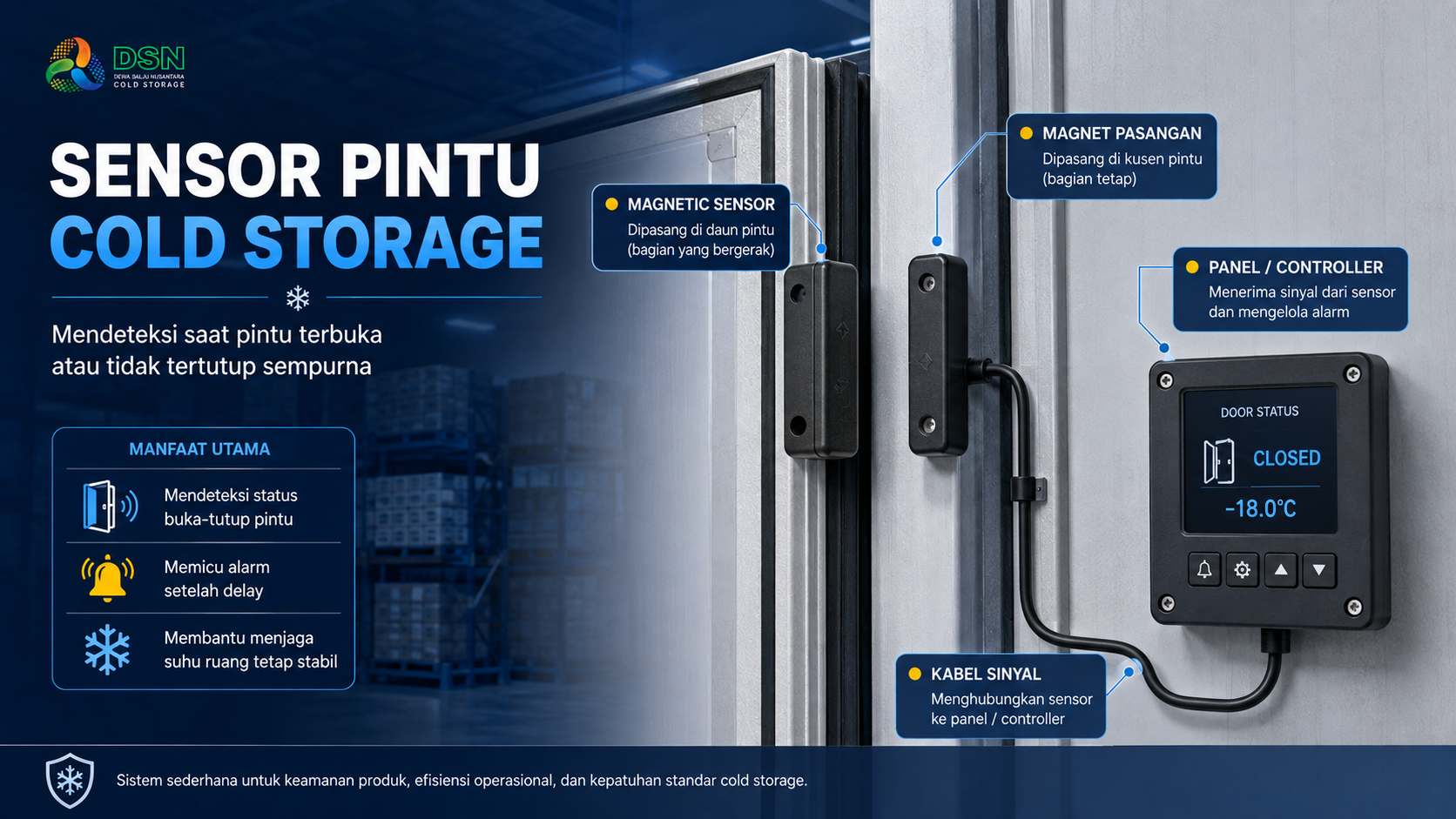 Sensor pintu cold storage dengan magnetic sensor, kabel sinyal, dan panel controller