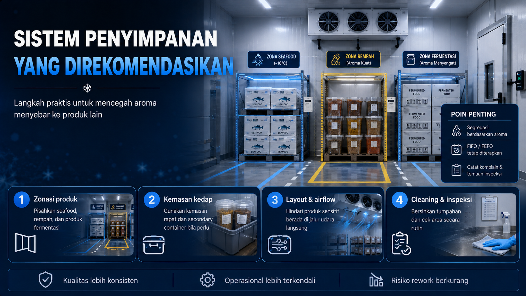 Sistem penyimpanan produk berbau tajam di cold storage dengan zonasi, kemasan kedap, layout airflow, dan cleaning