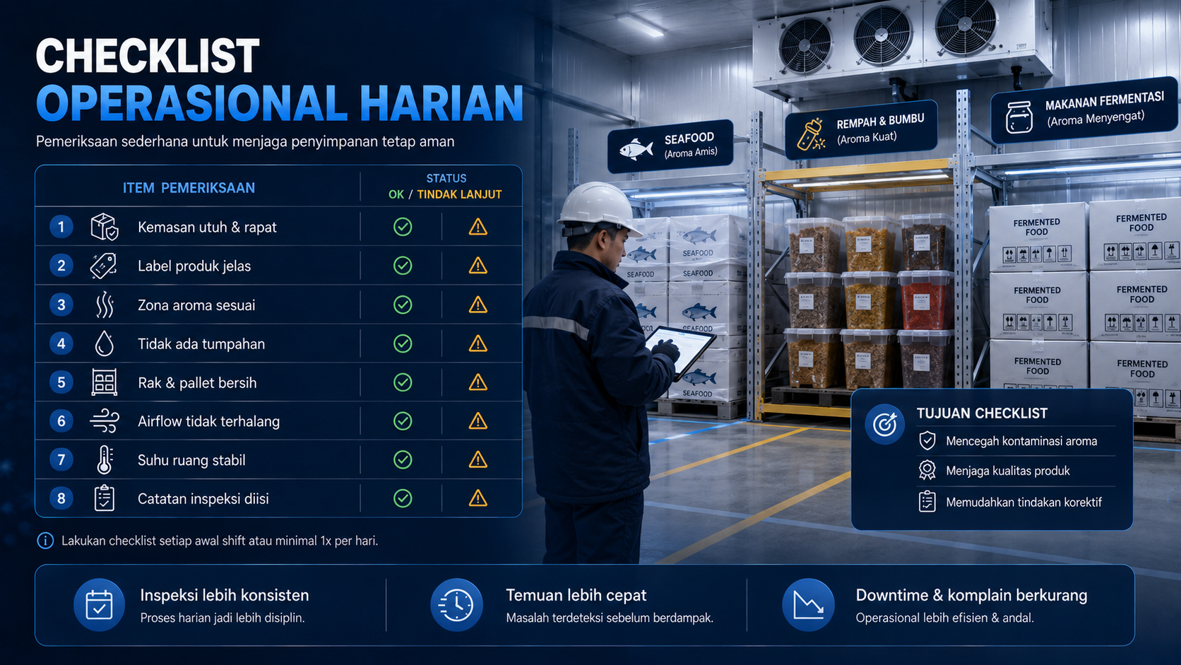 Checklist operasional penyimpanan produk berbau tajam di cold storage untuk mencegah kontaminasi aroma