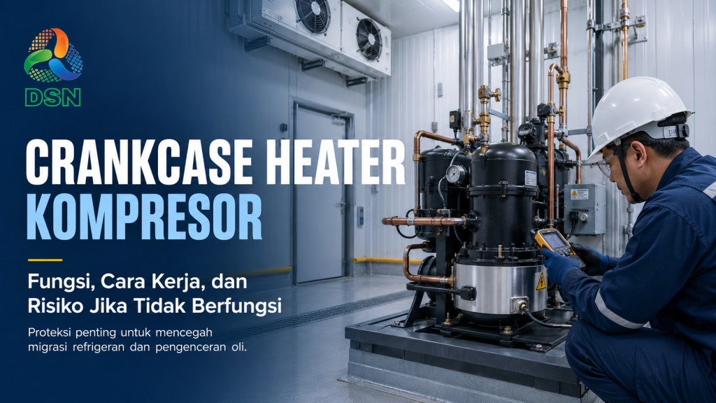 Teknisi memeriksa crankcase heater kompresor cold storage pada area oil sump dan panel kontrol.