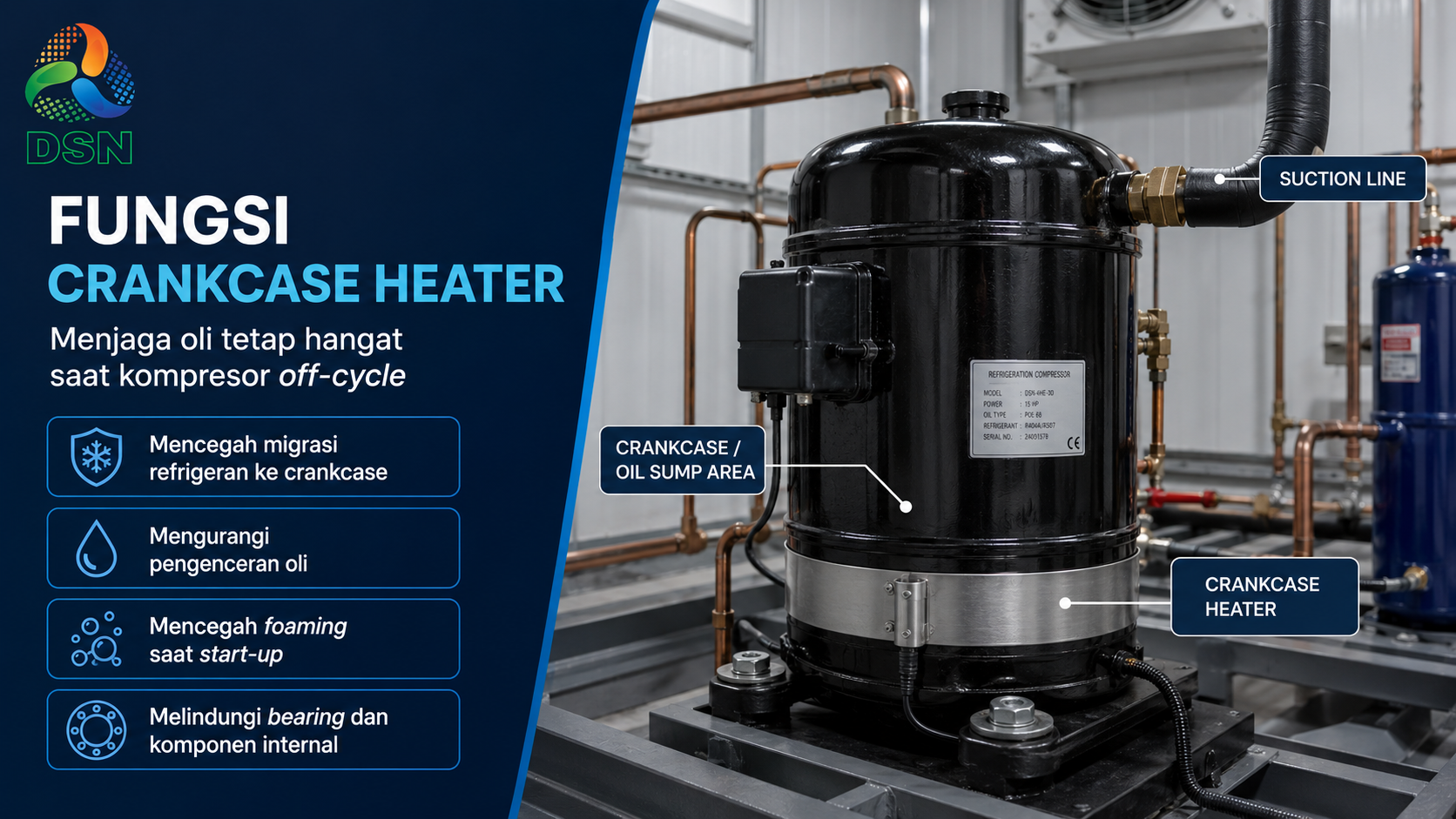 Teknisi memeriksa crankcase heater kompresor cold storage pada area oil sump dan panel kontrol.

