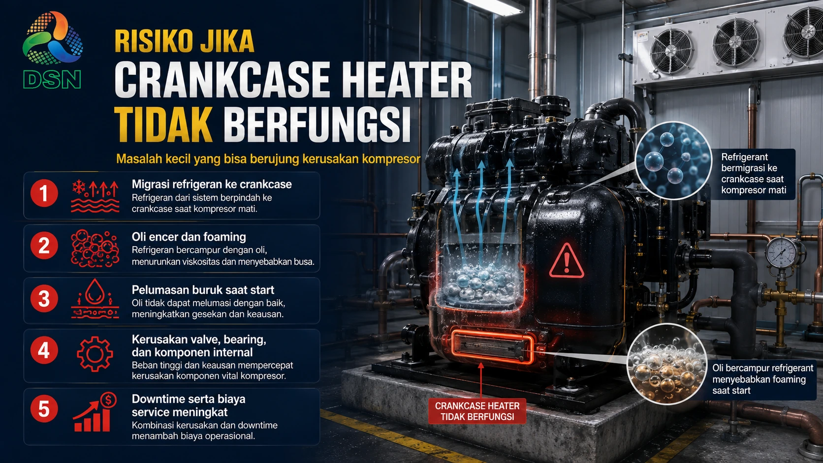 Teknisi memeriksa crankcase heater kompresor cold storage pada area oil sump dan panel kontrol.

