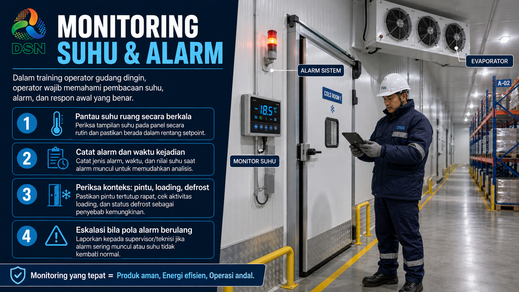 Training operator gudang dingin memantau suhu, alarm, dan data logger pada cold storage