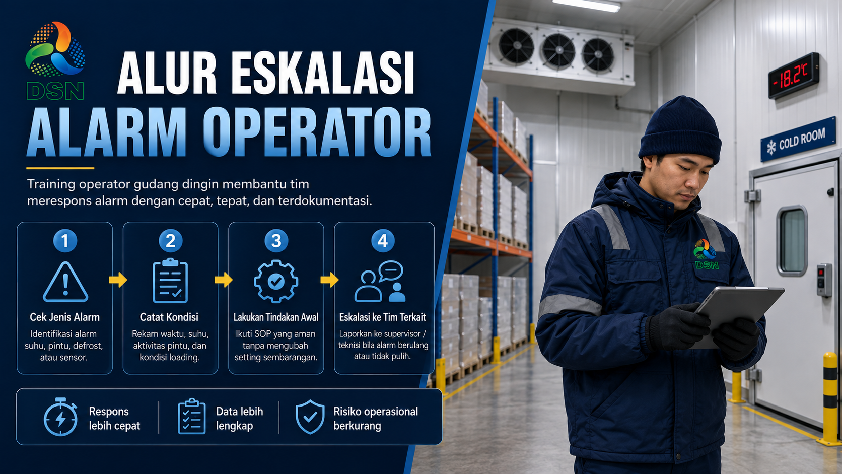 Training operator gudang dingin dalam alur eskalasi alarm dan pencatatan kondisi cold storage