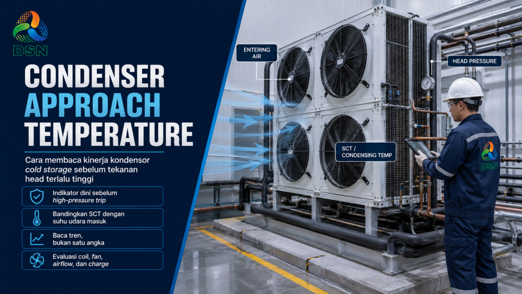 Teknisi mengukur condenser approach temperature pada kondensor cold storage dengan data head pressure dan suhu udara masuk.