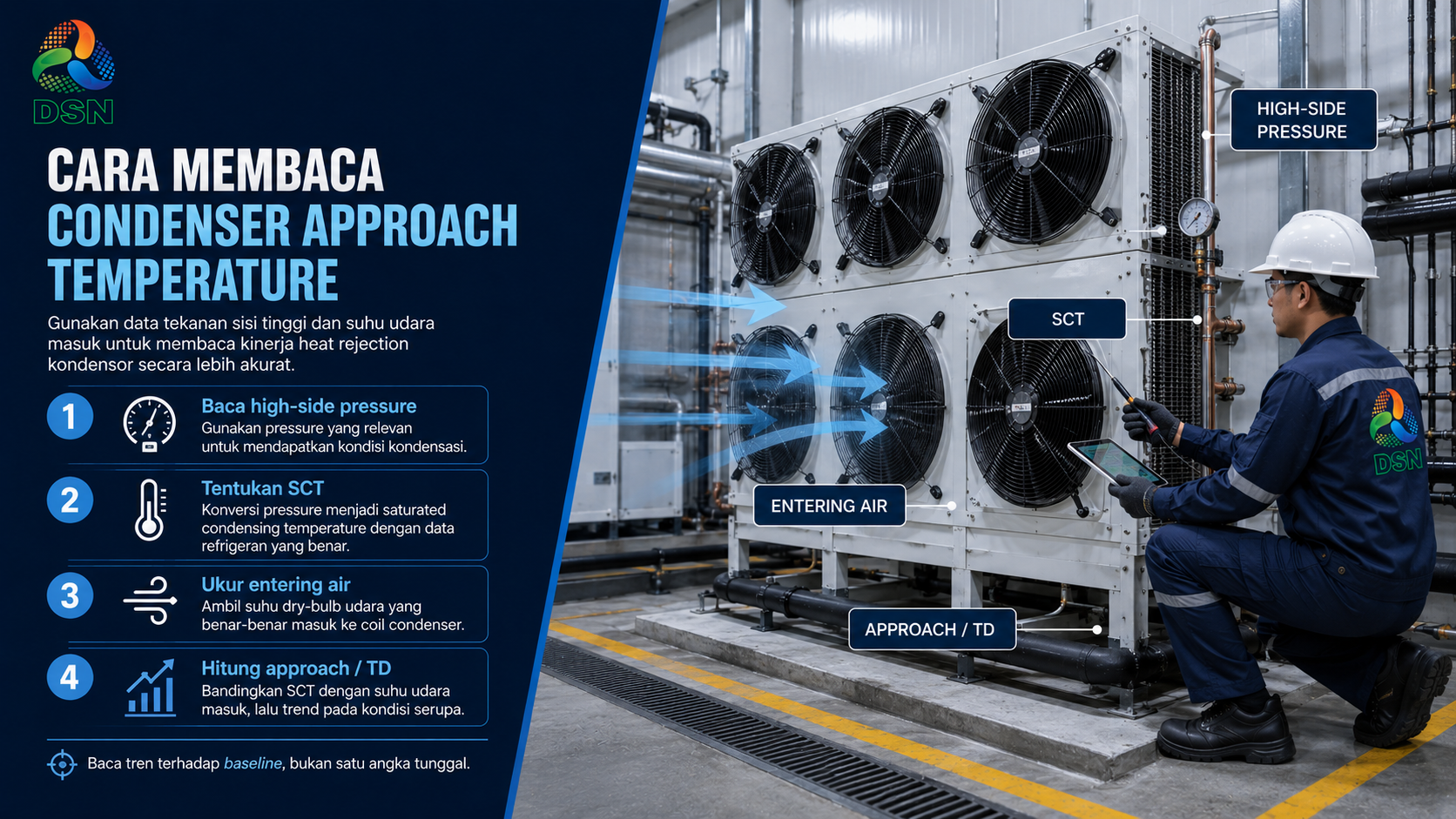 Teknisi mengukur condenser approach temperature pada kondensor cold storage dengan data head pressure dan suhu udara masuk.