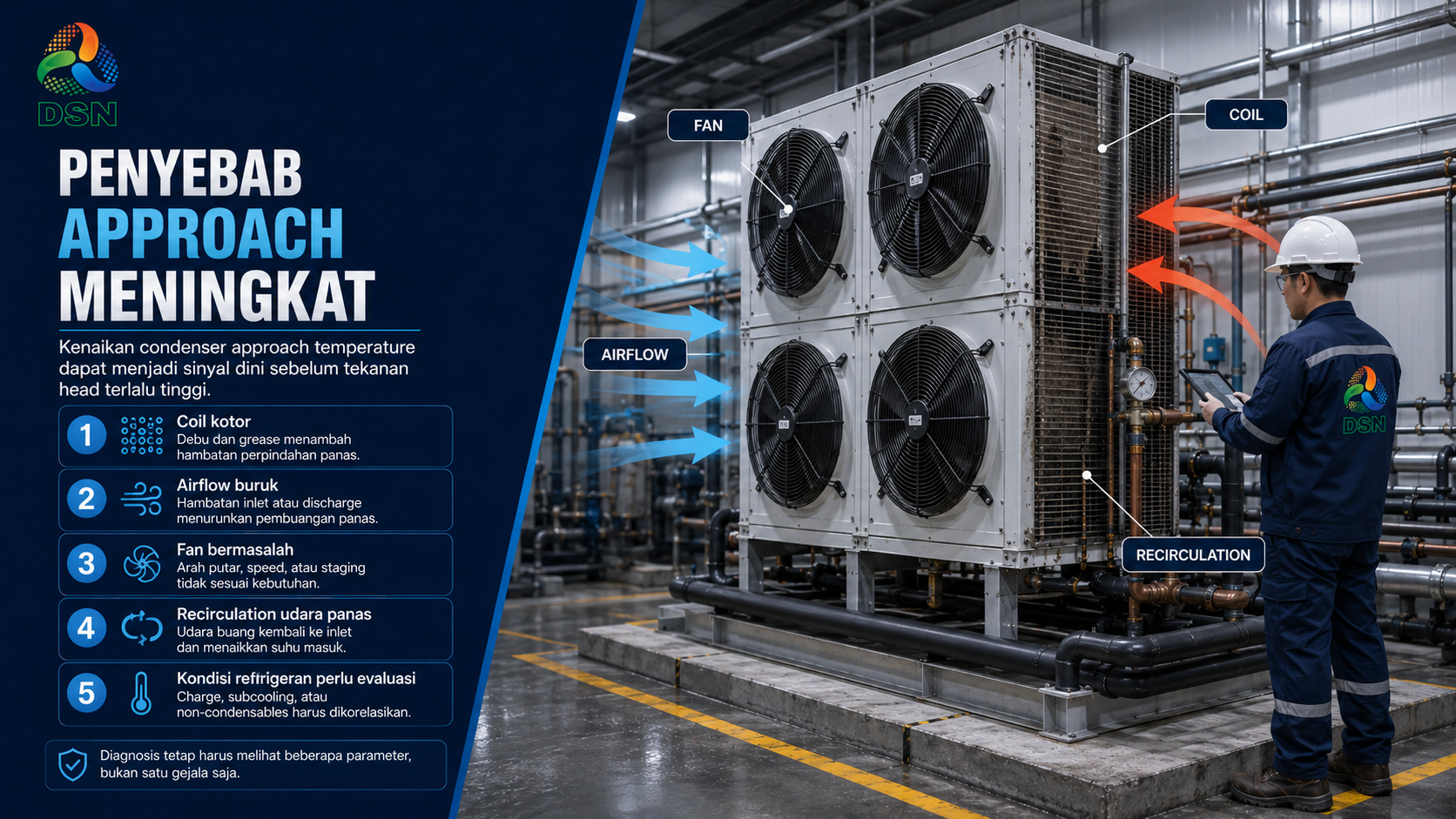 Teknisi mengukur condenser approach temperature pada kondensor cold storage dengan data head pressure dan suhu udara masuk.