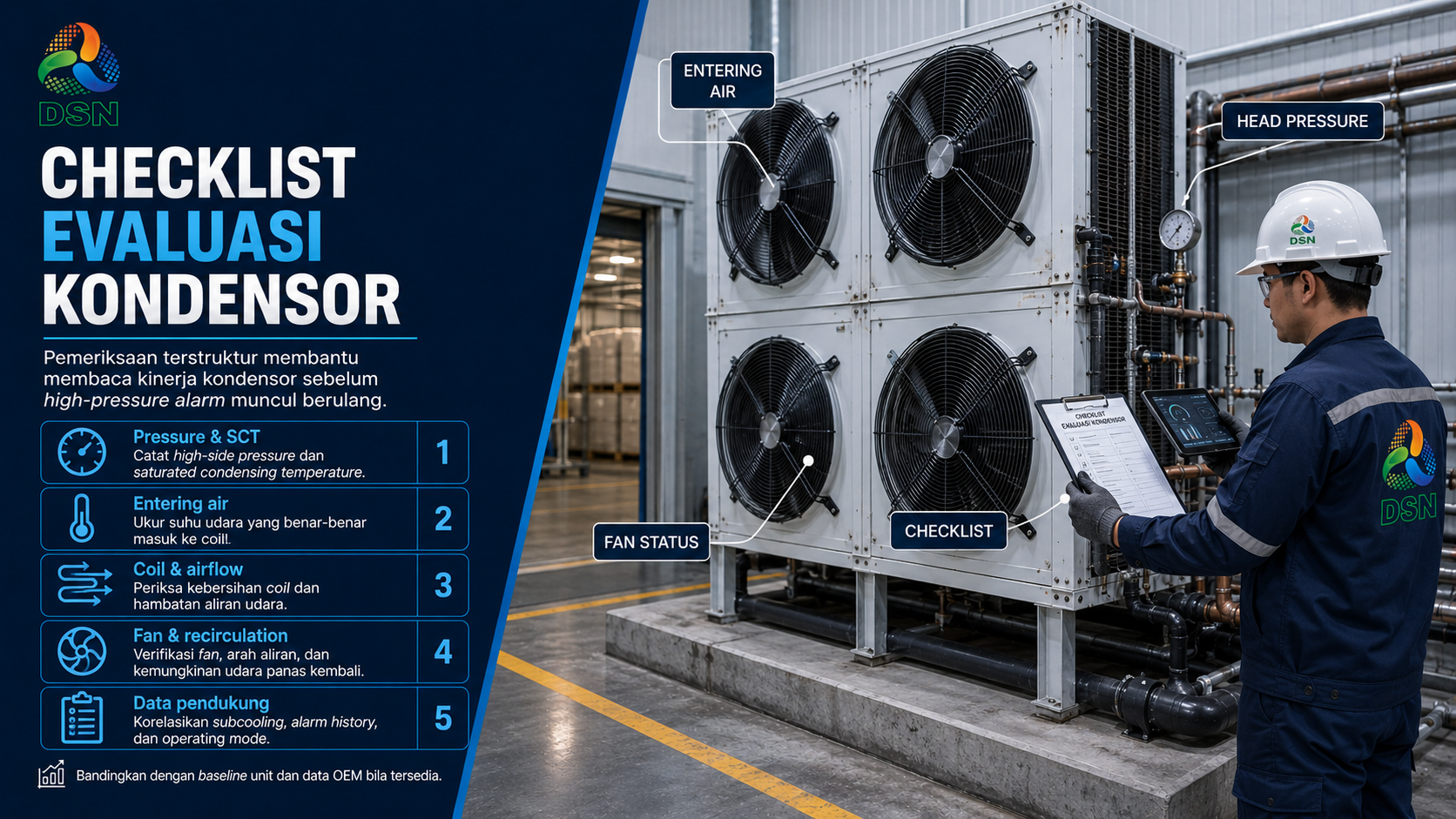 Teknisi mengukur condenser approach temperature pada kondensor cold storage dengan data head pressure dan suhu udara masuk.