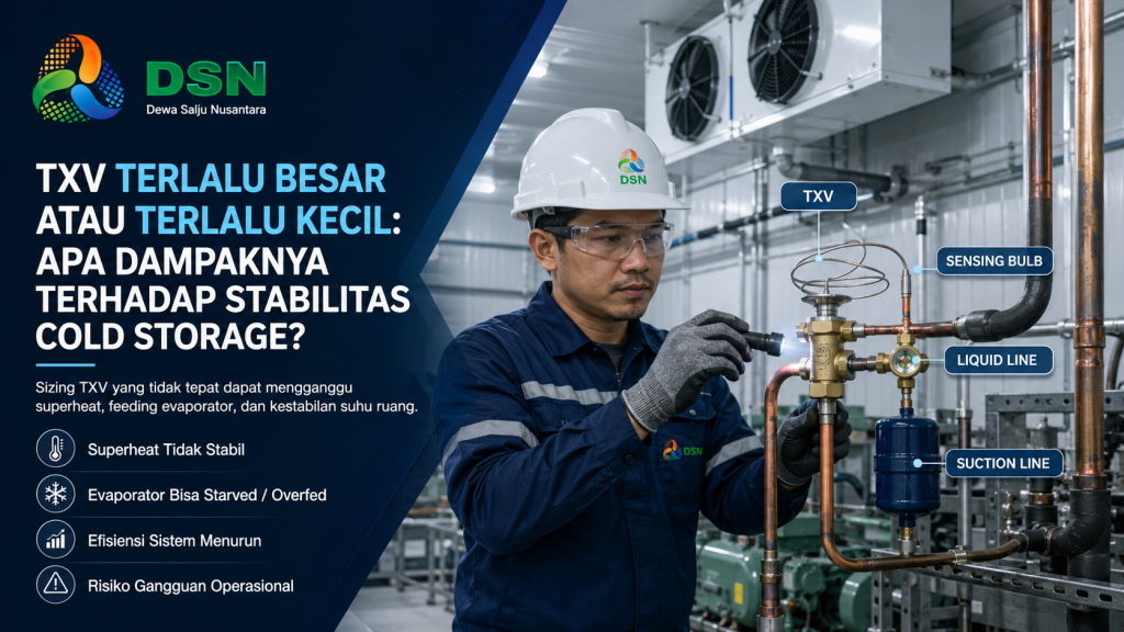 Teknisi mengevaluasi TXV terlalu besar atau terlalu kecil pada evaporator cold storage dengan pengukuran superheat dan tekanan refrigeran.