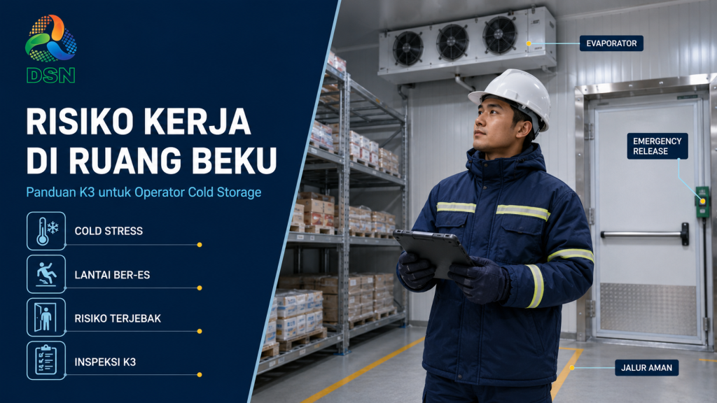 Operator memakai APD termal memeriksa risiko kerja di ruang beku checklist K3 di ruang beku modern dengan rak palet dan evaporator.