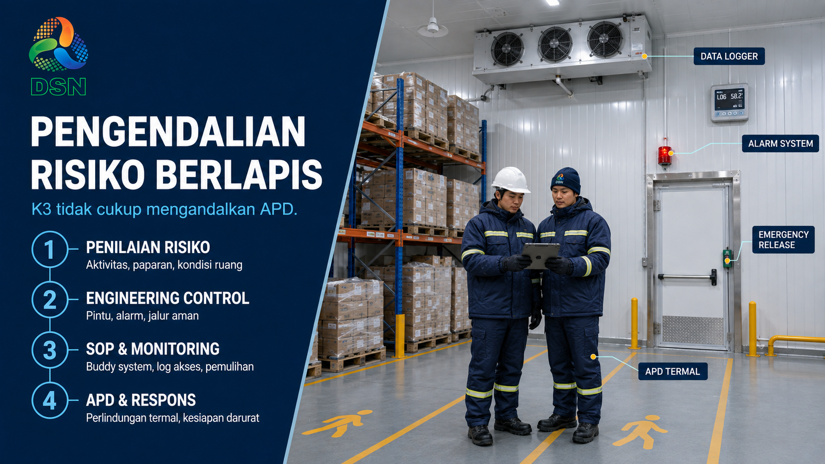 Pengendalian risiko kerja di ruang beku melalui penilaian risiko, alarm, data logger, SOP, APD termal, dan buddy system.