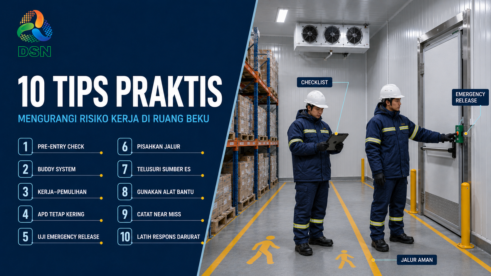 Sepuluh tips praktis mengurangi risiko kerja di ruang beku bagi operator cold storage.