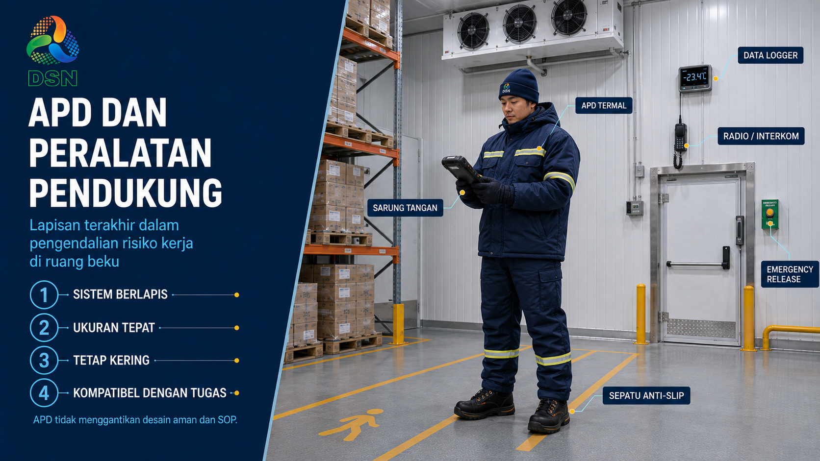 APD dan peralatan pendukung untuk mengendalikan risiko kerja di ruang beku