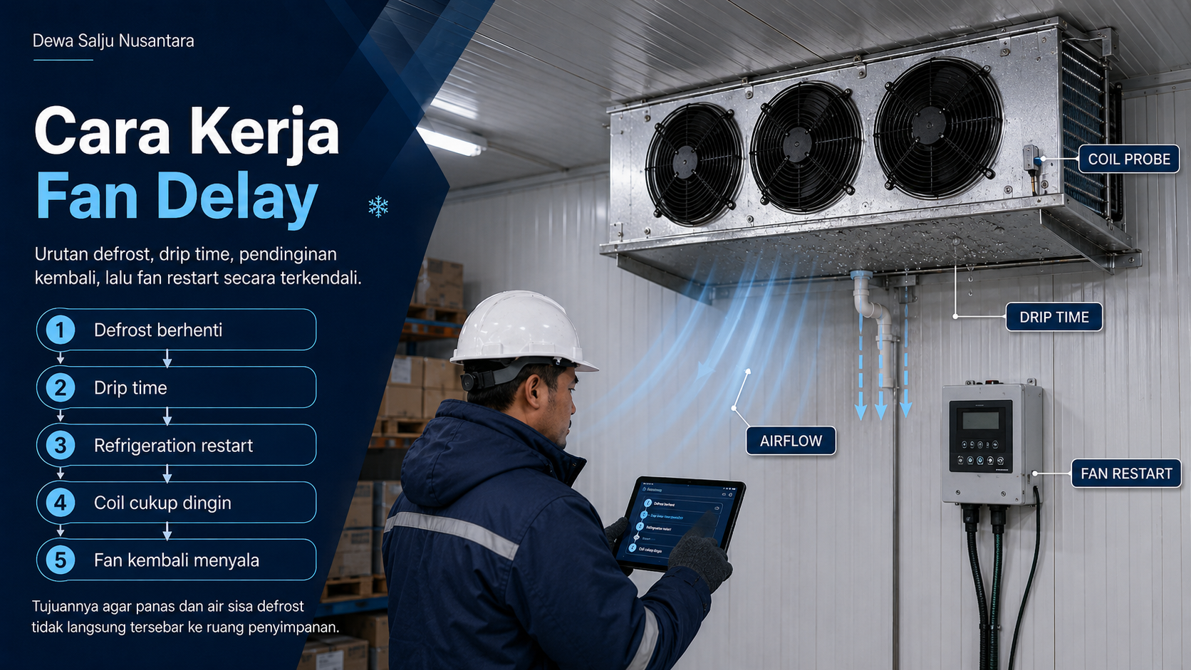 Ilustrasi urutan fan delay cold storage setelah defrost, dengan coil probe, drain, controller, dan teknisi.