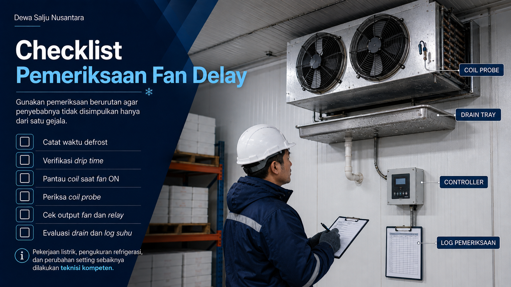 Checklist pemeriksaan fan delay cold storage dengan coil probe, drain tray, controller, dan catatan pemeriksaan.