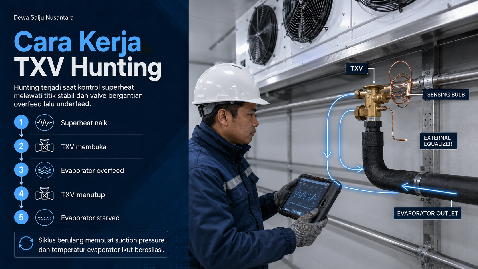 Teknisi memeriksa TXV hunting pada cold storage dengan probe suhu dan pressure gauge di evaporator 