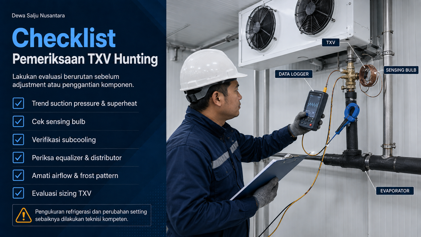 Teknisi memeriksa TXV hunting pada cold storage dengan probe suhu dan pressure gauge di evaporator 