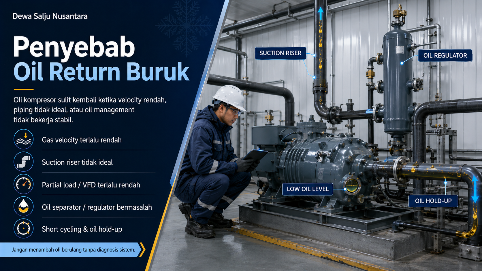 Oil return pada sistem refrigerasi cold storage dengan kompresor, suction line, dan oil separator


