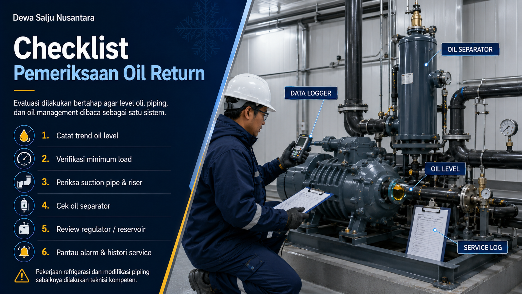 Oil return pada sistem refrigerasi cold storage dengan kompresor, suction line, dan oil separator

