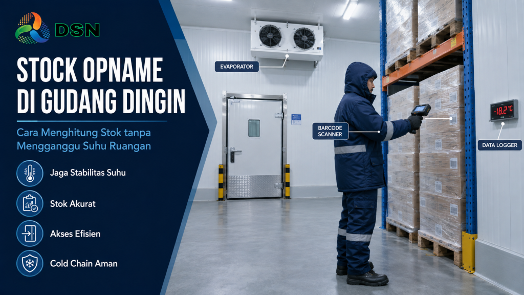 Operator melakukan stock opname gudang dingin dengan barcode scanner sambil memantau suhu dan kondisi pallet rack