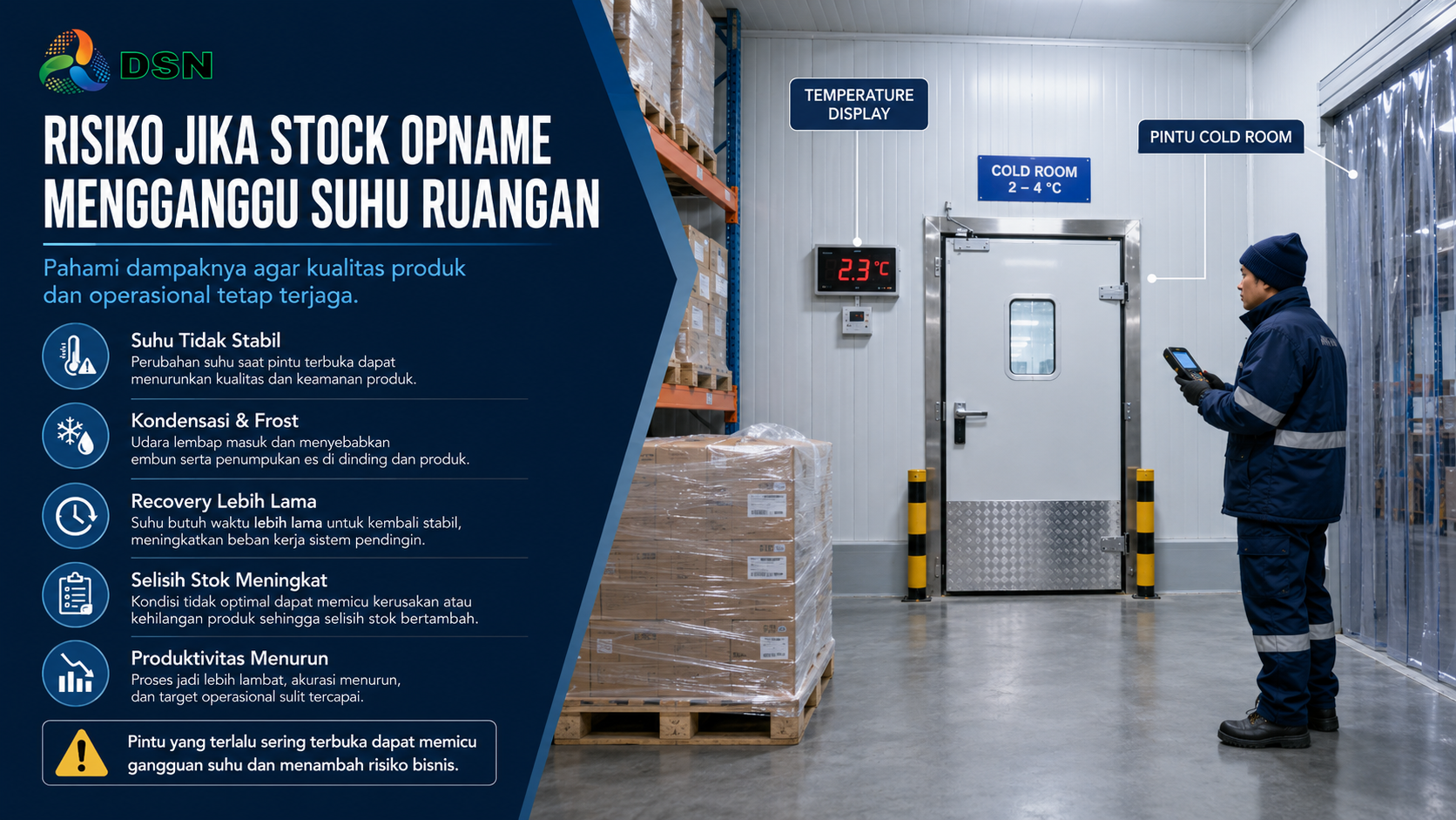Operator melakukan stock opname gudang dingin dengan barcode scanner sambil memantau suhu dan kondisi pallet rack 