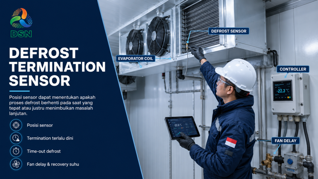 Teknisi memeriksa posisi defrost termination sensor pada evaporator cold storage dan membandingkan pembacaan controller