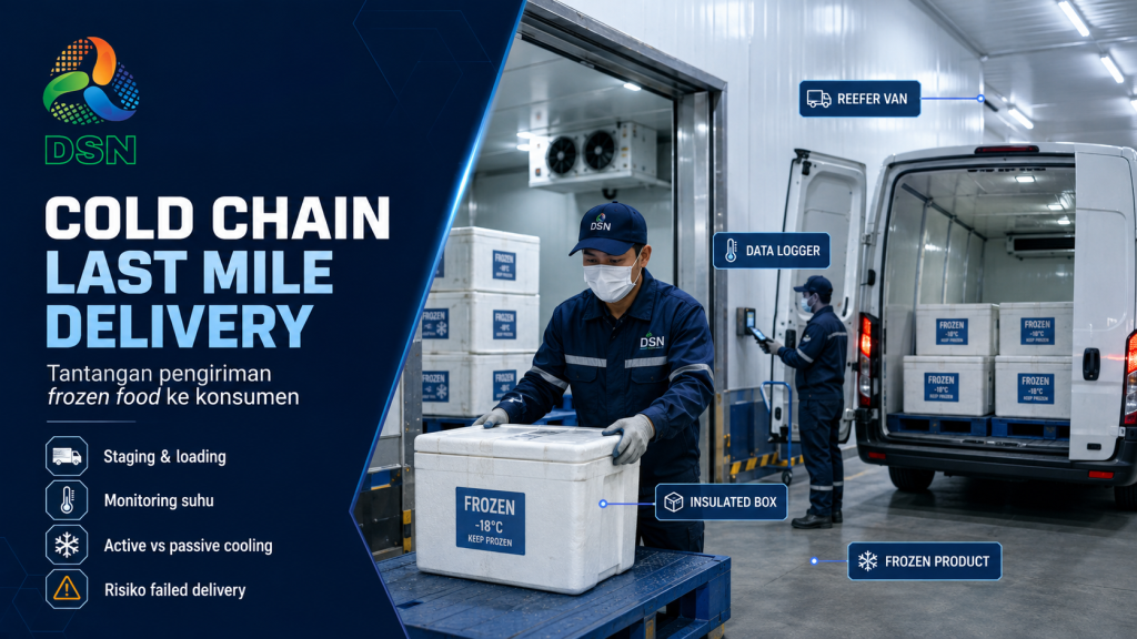 Proses cold chain last mile delivery frozen food dari cold storage ke kendaraan berpendingin dengan monitoring suhu