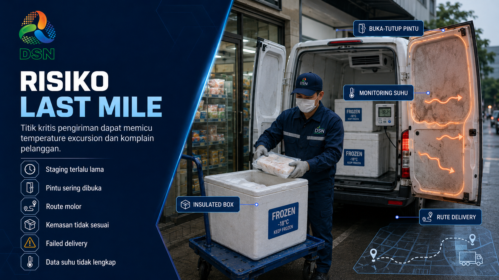 Proses cold chain last mile delivery frozen food dari cold storage ke kendaraan berpendingin dengan monitoring suhu 