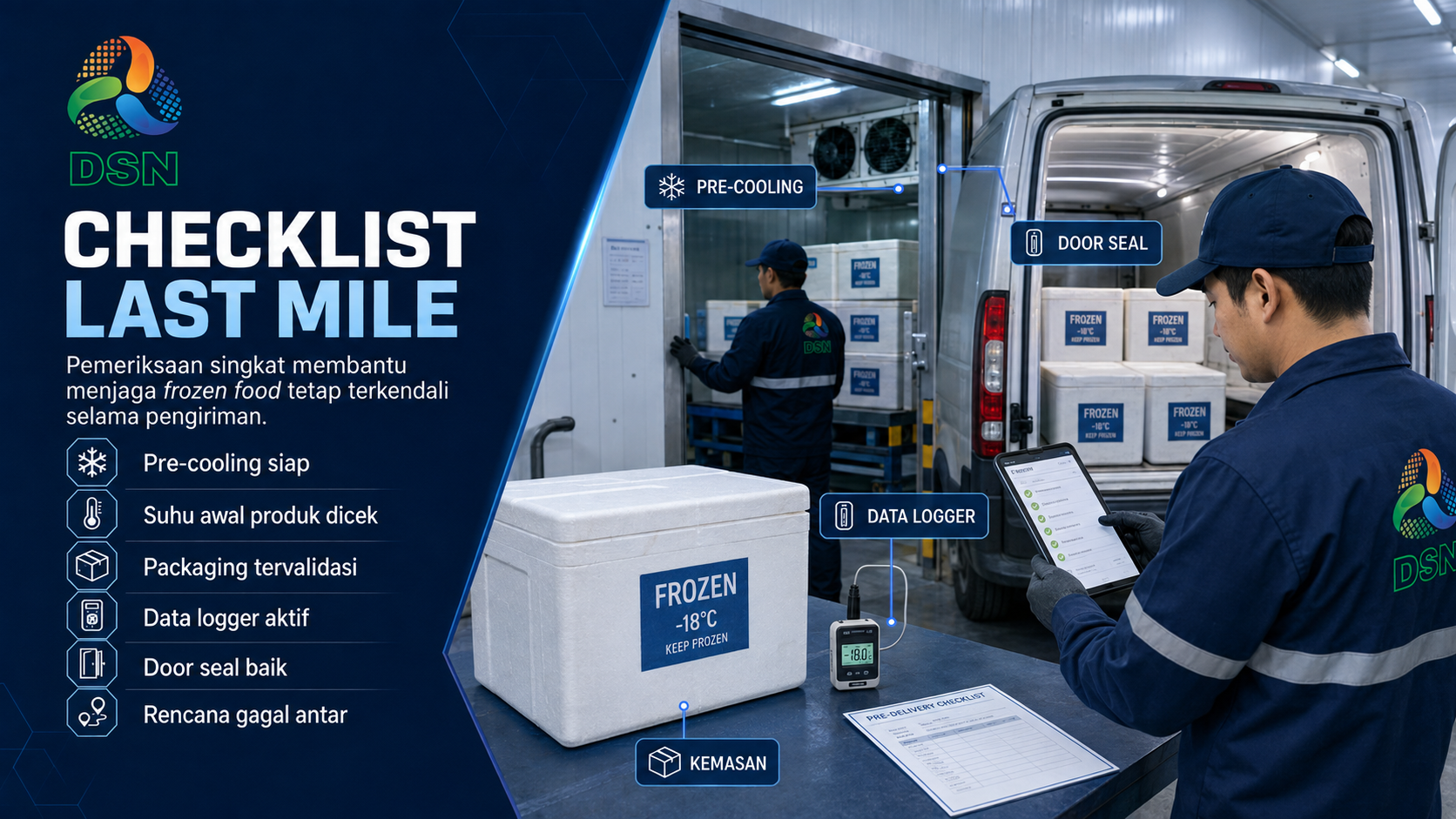 Proses cold chain last mile delivery frozen food dari cold storage ke kendaraan berpendingin dengan monitoring suhu 